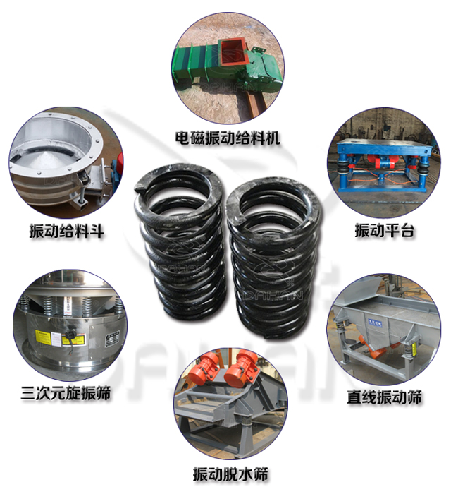 旋振筛减震弹簧适用产品：振动给料机，电磁振动给料机，振动平台，直线振动筛，振动脱水筛，三次元旋振筛。