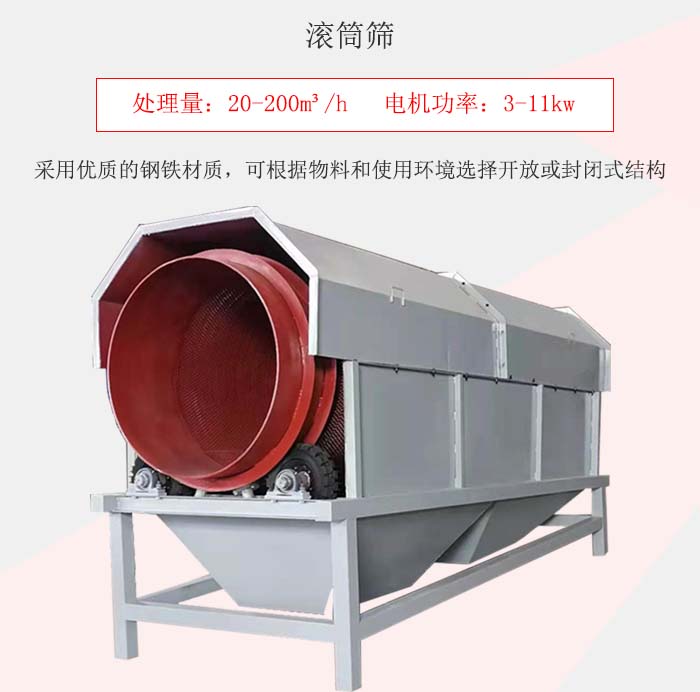 滚筒筛采用优质的钢铁材质，可根据物料和使用环境选择开放或封闭式结构