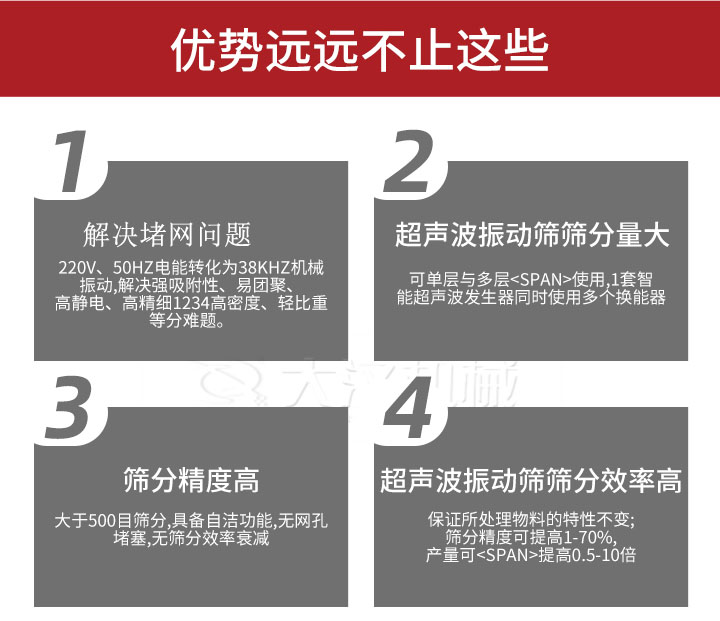 超声波振动筛优势：1，高效解决堵网问题220V，50HZ电能转化为38KHZ机械振动，解决强吸附性，易团聚，高静电，高精细1234高密度，轻比重等难题。2，超声振动筛筛分量大：可单层与多层使用1套只能超声波发生器同时使用多个换能器。3，适合大于500目筛分，具备自洁功能，无网孔堵塞，无筛分效率衰减。4，超声波振动筛筛分效率高：保证所处理物料的特性不变，筛分精度可提高1-70%。