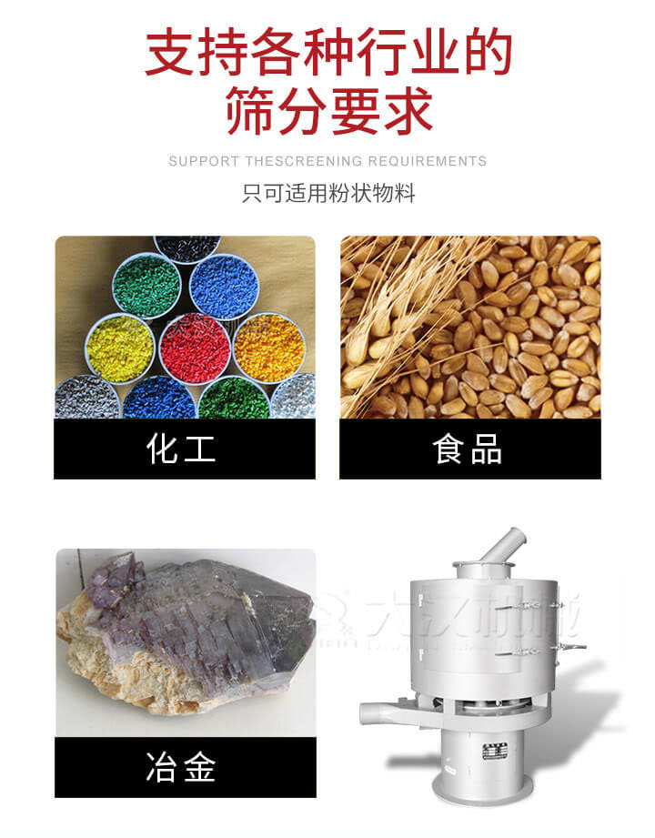 气流筛用于矿粉，石墨粉，活性纳米碳酸钙，铝灰，大豆粉，碳酸重钙，石墨粉，木粉，干草，重金石粉，药粉末，橡胶颗粒，草酸盐，干料粉，木粉，聚酯粉，干粉，塑料，金属粉末，橡胶粉，粉煤灰，石墨粉，陶瓷粉，锌粉，石英粉，石灰粉，铁粉，金属硅粉等。