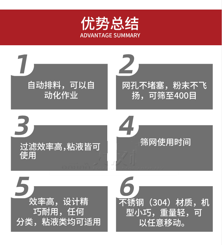过滤筛优势总结：1，自动排料，可以自动化作用。2，网孔不堵塞，粉尘不飞扬，可筛至400目。3，过滤效率高，任何粒，粉，粘液也可使用。4，筛网设计大大提高了筛网使用时间，也魏换网提高了方便。5，效率高，设计精巧耐用，任何分类设计精巧耐用，任何分类，粘液类均可适用。6，不锈钢材质机型小巧，重量轻，可以任意移动。