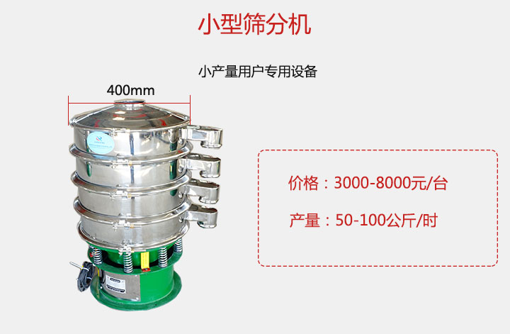 小型筛分机产量可达100公斤/时，价格3000元起。