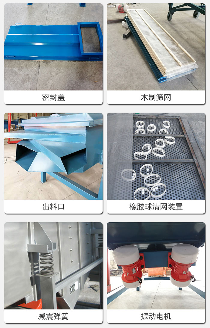 直线筛结构展示：筛网，筛箱，振动电机，振动电机座，减震弹簧，支架等部件展示图