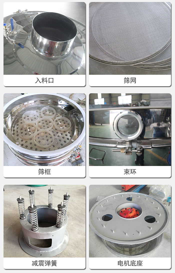 医药振动筛有电机底座，减震弹簧，束环，筛框，入料口，筛网等部件展示。