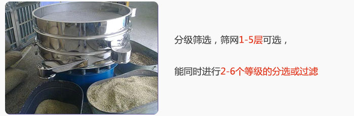 分级筛选，可筛1至5层筛网，能同时进行2至6个等级的分选或过滤