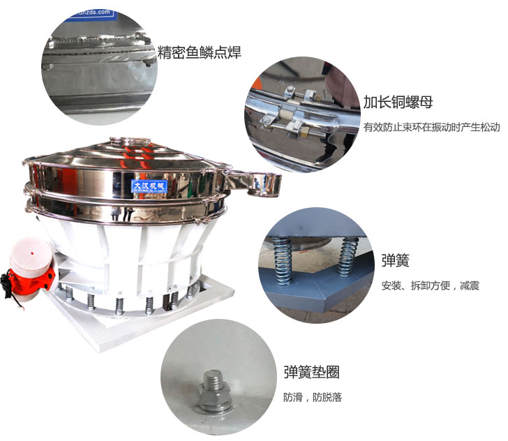 1500直排筛细节展示：弹簧，弹簧垫圈，加长铜螺母。