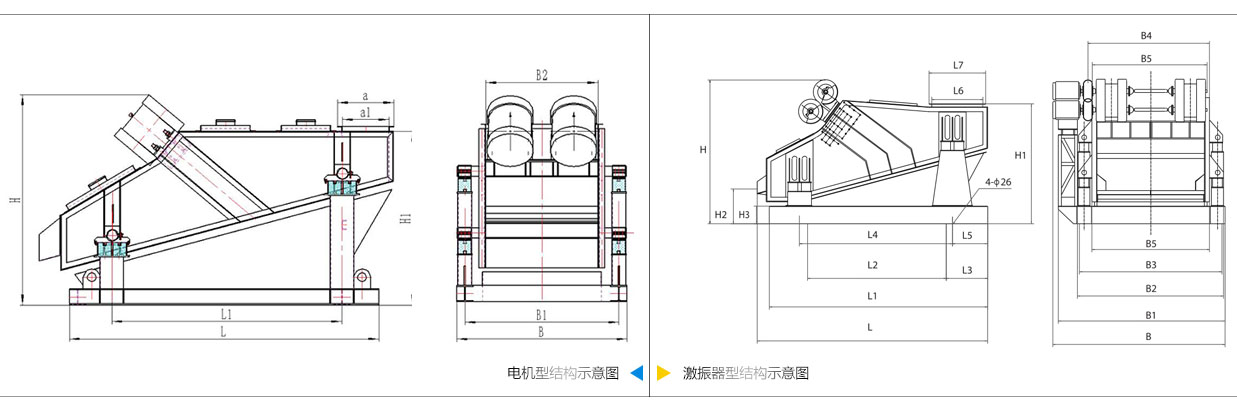 矿用振动筛电机振动式和激振器振动式的内部结构尺寸图。