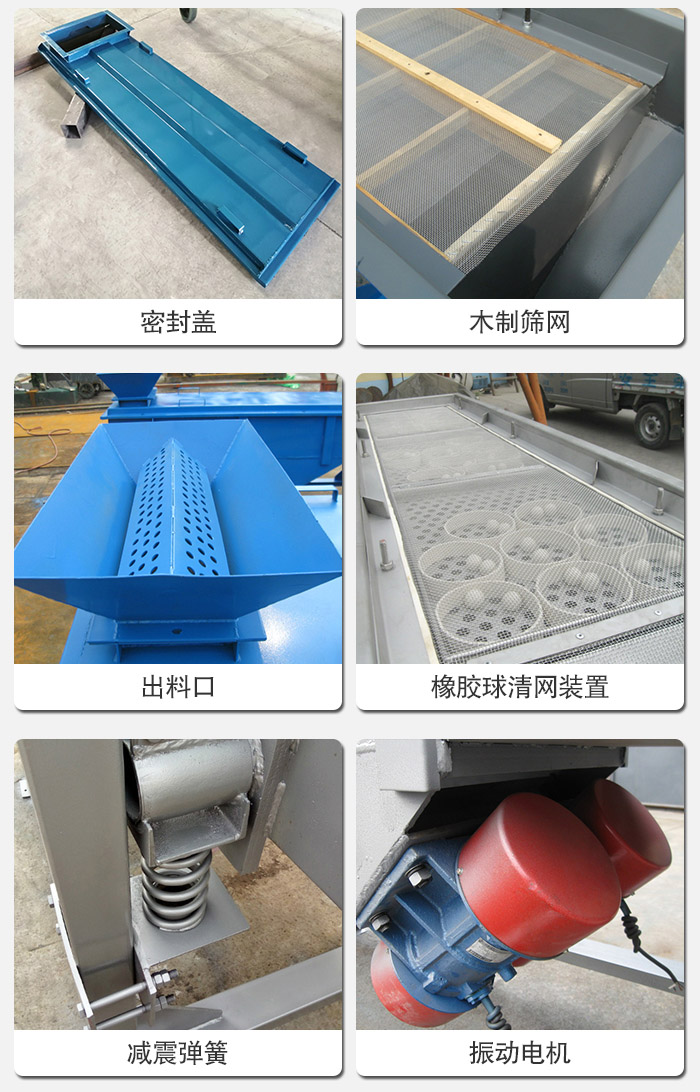 直线筛分机的结构展示图：筛箱是物料主要筛分设备之一，筛网用于筛分物料，振动电机帮助筛网筛分。