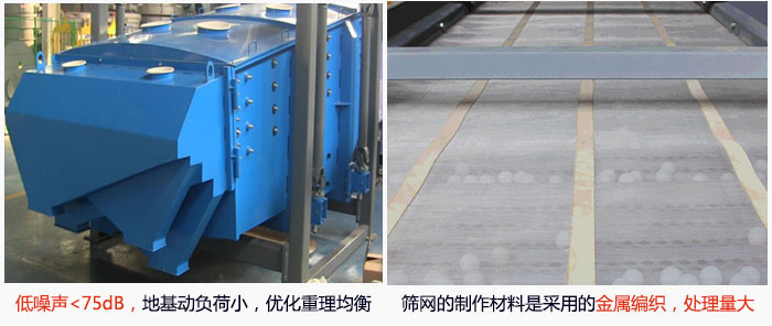 方形摇摆筛采用低噪声<75dB，地基动负荷小，优化重理均衡；筛网的制作材料是采用的金属编织，处理量大。