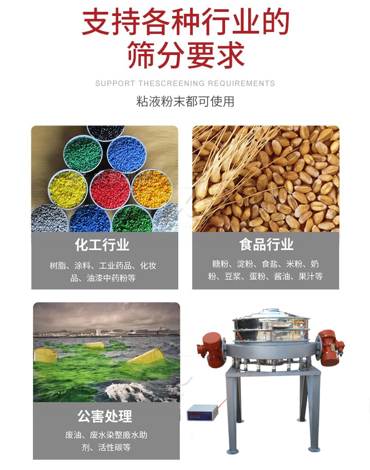 直排筛适用行业：化工行业，食品行业，金属行业，以及公害处理等行业。支持各种行业的筛分要求。