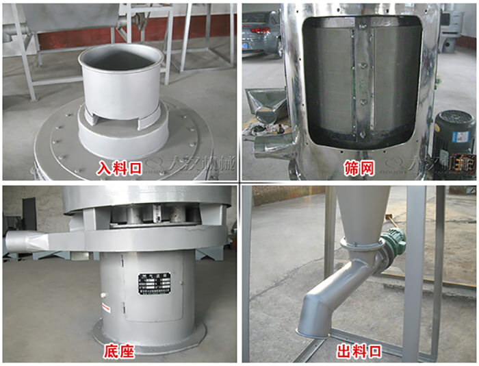 气流筛部件展示：入料口，筛网，底座，出料口等。