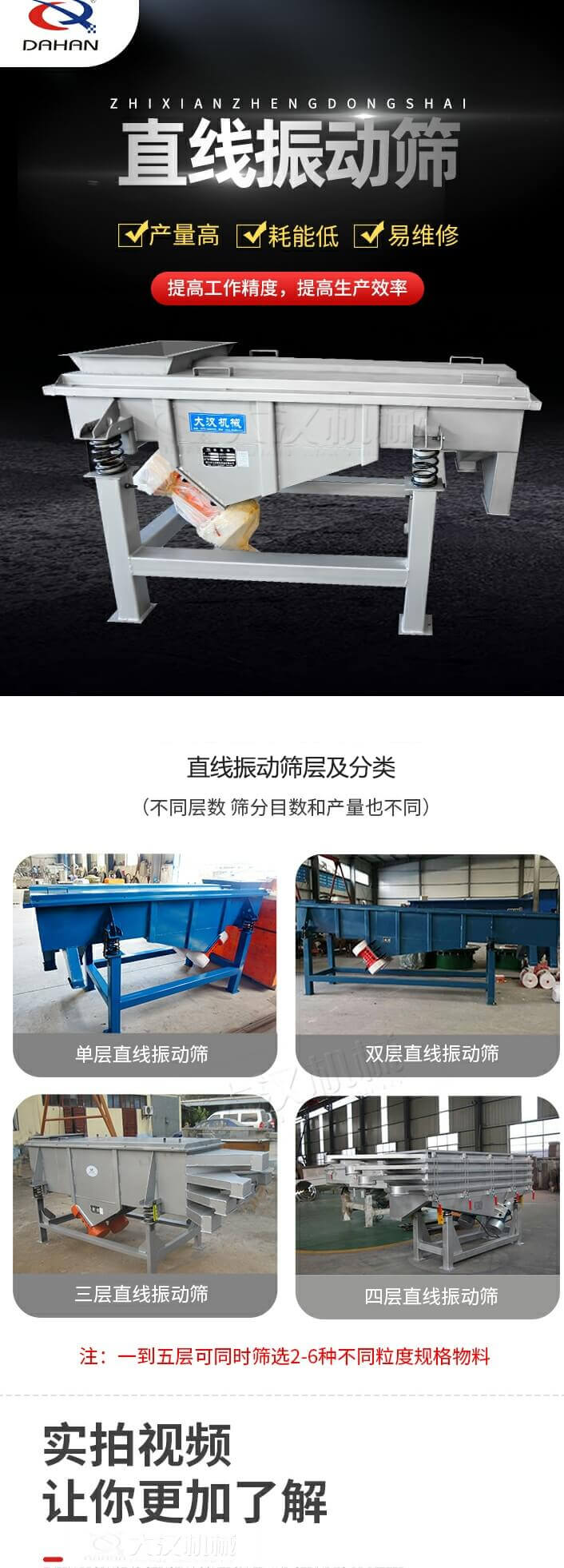 直线振动筛概述，产量高，耗能低，易维修，提高工作精度，提高生产效率，直线振动筛层级分类：不同层数，筛分目数和产量也不同：单层，双层，三层，四层等。