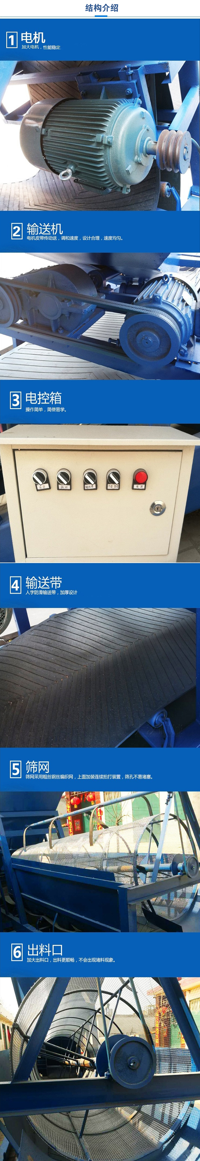 移动筛沙机结构:电机，加大电机，性能相对比较稳定。输送机：电机皮带传动送，调和速度，设计合理，速度均匀。电控箱：操作简单，简便易学。输送带：人字防滑输送带，加厚设计。筛网，采用粗丝钢丝编织而成的筛网，上面加装连续拍打装置，筛孔不易堵塞。出料口：加大出料口，出料更顺畅，不会出现堵料现象。