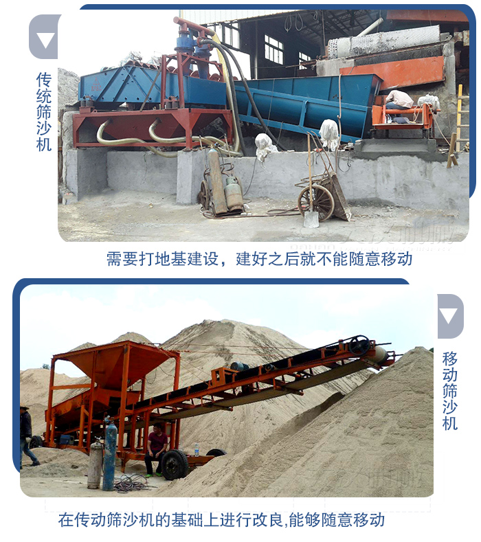 移动的筛沙机在安装前需要打地基，而固定完毕后就不能随意的移动，而移动筛沙机不需要打地并且随时能够进行移动。