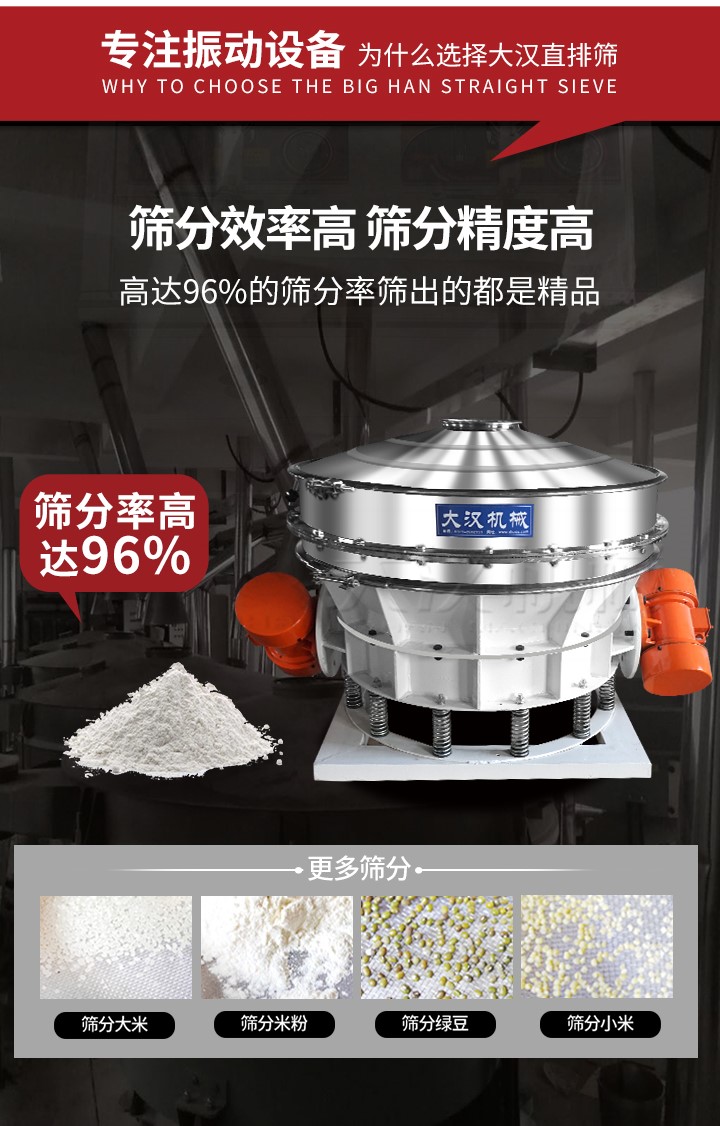 直排筛适用物料有面粉，淀粉，洗衣粉，金属粉，添加剂，化工，非矿等行业。
