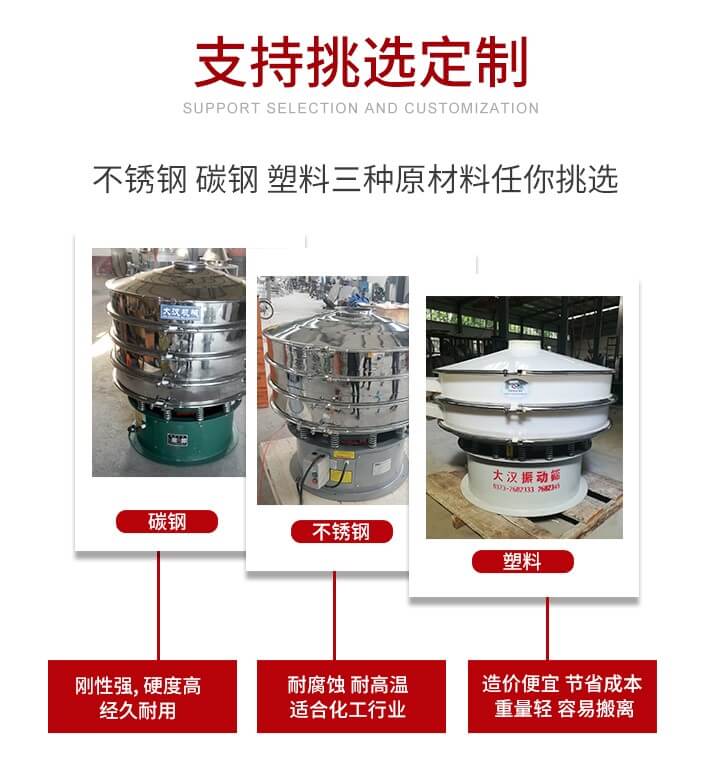 旋振筛可配置一到四层的筛网。旋振筛的筛分效率高，筛分精度高，筛分率高达96%。