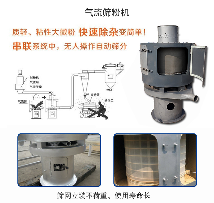 气流筛粉机适用：质轻，粘性大微粉采用串联系统重，无人操作自动筛分 特点：筛网立装不负重，使用寿命长。