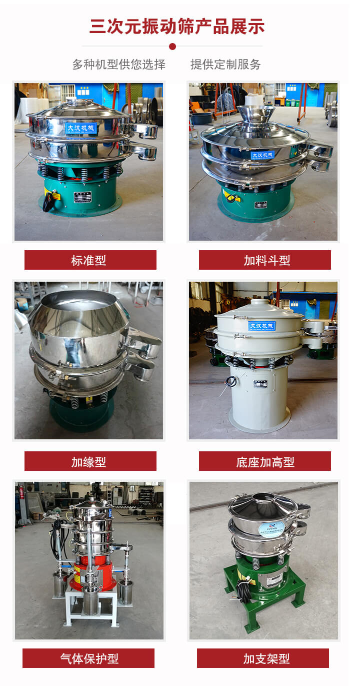 三次元振动筛不同结构展示：标准型，加料斗型，加缘型，底座加高型，气体?；ば?，加支架型。