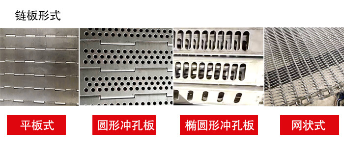 链板输送机链板的不同形式：平板式，圆形冲孔板，网状式等