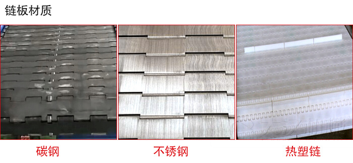 链板输送机链板材质的展示图：碳钢，不锈钢，塑料等