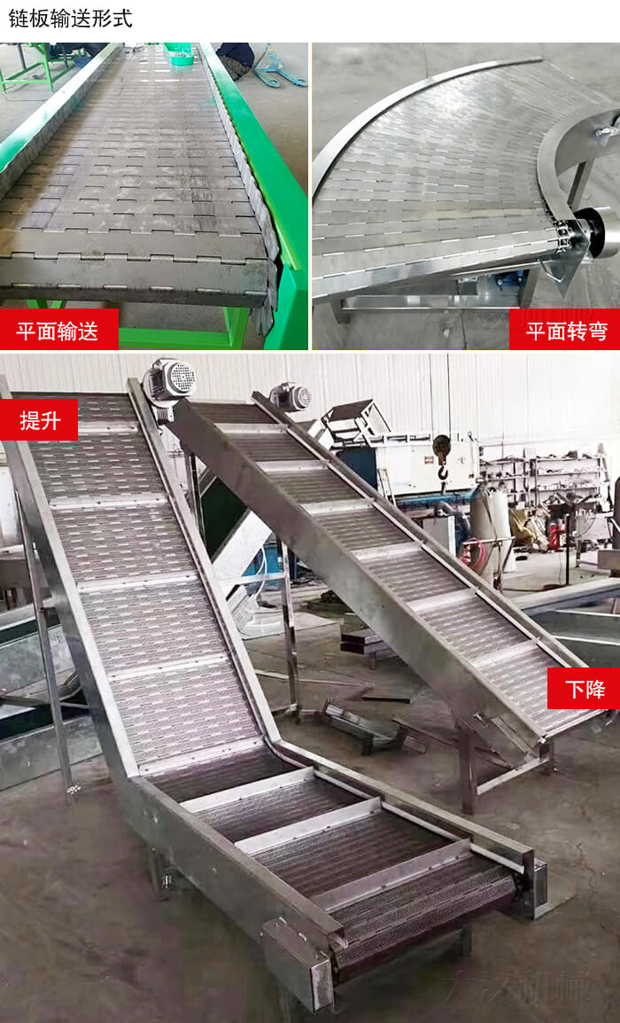 链板输送机平面输送，平面拐弯，提升等运行现场图片